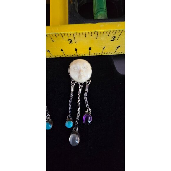 Carved Moon Face Sajen Dangle 925 Earrings Amethyst Turquoise & Moonstone - Picture 13 of 14